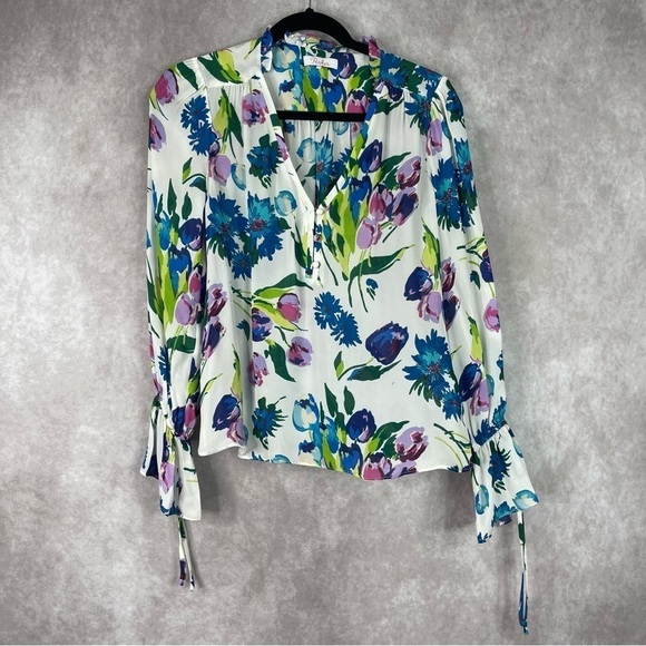 Parker Cassidy Floral-Print Ruffled-Sleeve Silk Blend Blouse In White Size XS - Picture 2 of 7